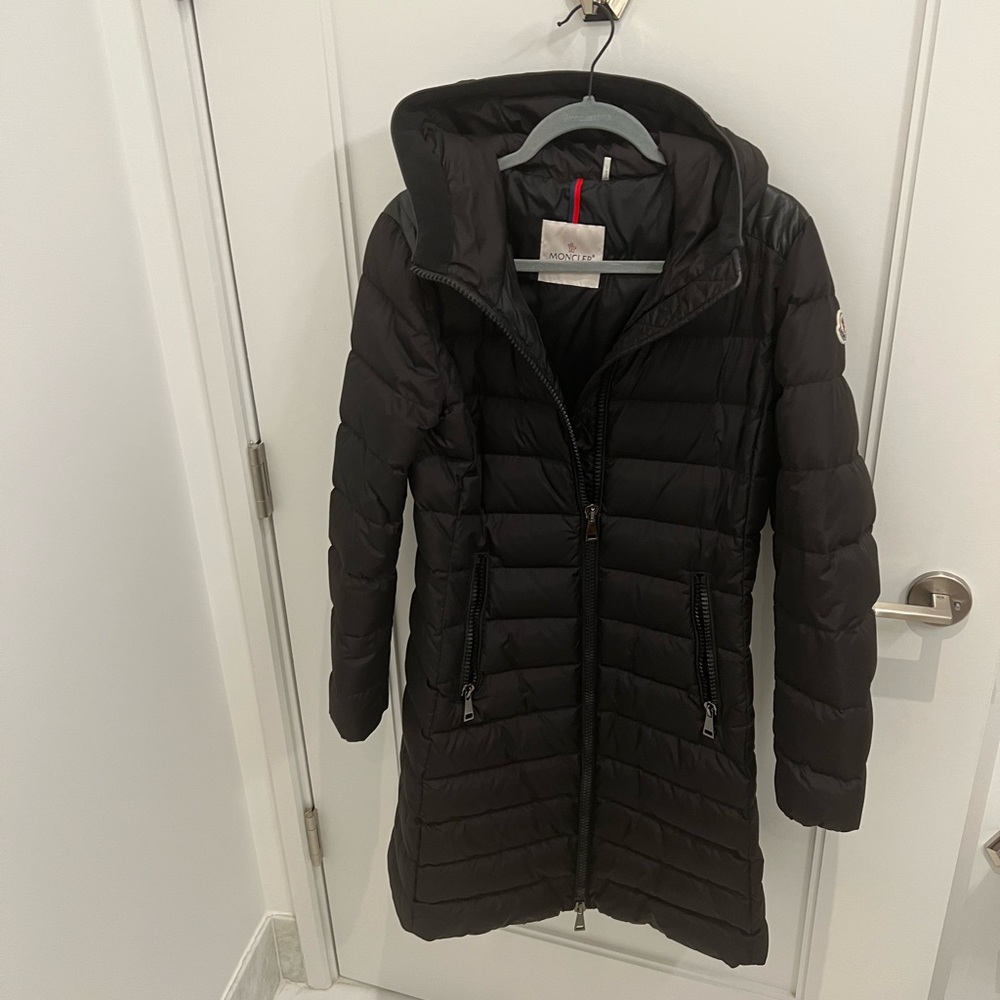 Moncler Women’s Down Winter Coat with Leather Shoulder Detail